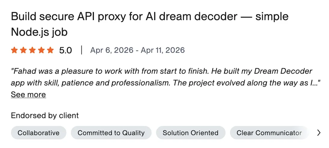Upwork review from Lynda Samphire for the secure API proxy behind the AI dream decoder, rated 5.0.