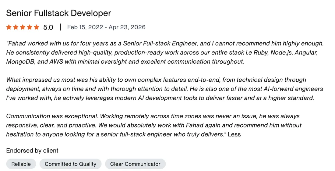 Upwork review from Finlex GmbH, rated 5.0, February 2022 to April 2026.