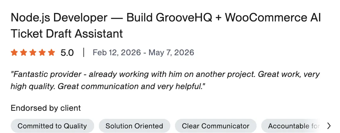 Upwork review from NewmanBands for the GrooveHQ and WooCommerce AI ticket draft assistant, rated 5.0.